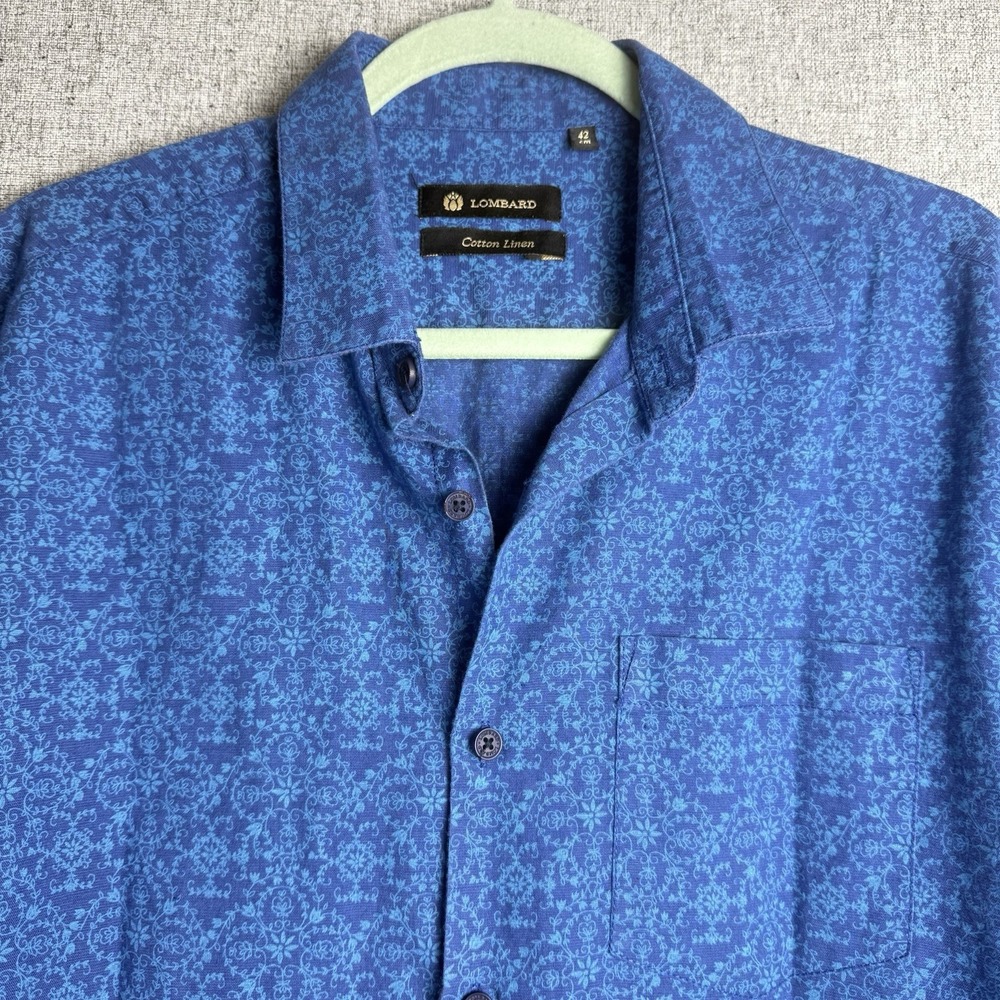 Lombard Men's Long Sleeve Button Down Blue Floral Linen Blend Shirt MEDIUM‎ 42cm